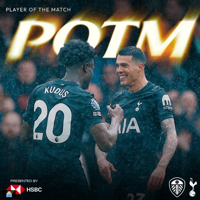 경기 최우수 선수에 선정된 모하메드 쿠두스(왼쪽). /사진=토트넘 공식 SNS 갈무리