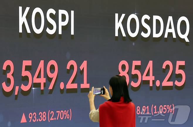 서울 영등포구 여의도 여의도 한국거래소 모니터에 코스피 시황이 표시되고 있다./뉴스1 ⓒ News1