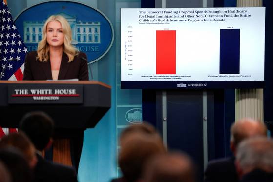 캐롤라인 레빗 백악관 대변인이 지난 6일(현지시간) 미국 워싱턴DC 백악관에서 언론 브리핑을 하며 스크린 옆에서 발언하고 있다. 로이터=연합뉴스