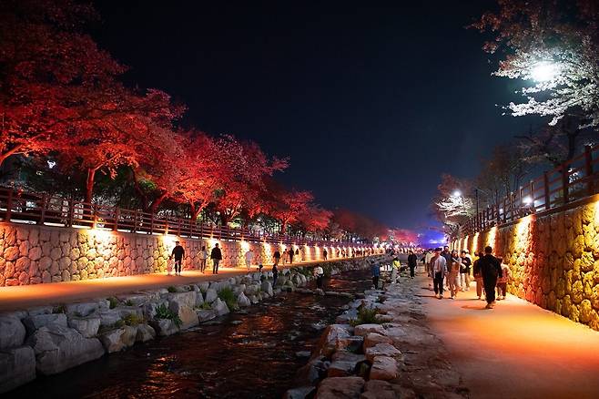 야간경관 조명이 설치된 금오천 산책로를 시민들이 이용하고 있다. ⓒ구미시