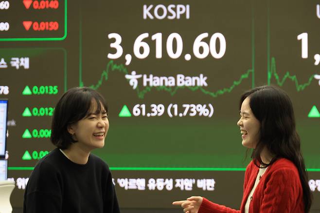 10일 코스피는 1.7% 넘게 상승해 사상 처음으로 3,600선을 돌파했다. 사진은 서울 중구 하나은행 본점에서 직원들이 활짝 웃고 있는 모습 ⓒ 연합뉴스