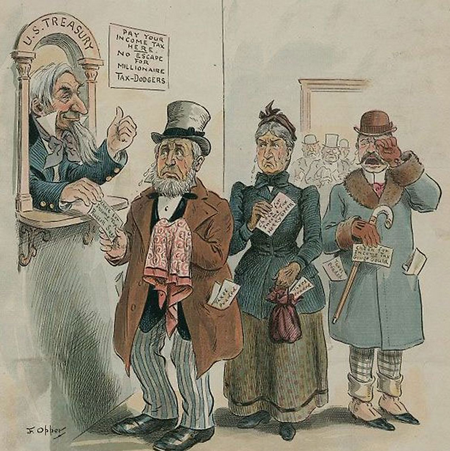 1895년 ‘펀치’ 표지에 거물 러셀 세이지와 조지 J. 굴드와 함께 헤티 그린이 그려져 있다.