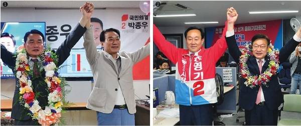 (1)2022년 6월 지방선거 당시 박종우 거제시장 당선자가 선거사무실에서 서일준 국회의원과 환호하고 있다. (2)같은 날 천영기 통영시장 당선자가 선거사무실에서 정점식 국회의원과 환호하고 있다. /경남도민일보 DB