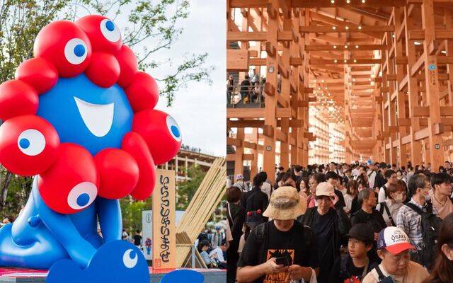 일본국제박람회협회가 12일 엑스에 공개한 오사카·간사이엑스포 마스코트 ‘먀쿠먀쿠’ 인형. 오른쪽 사진은 엑스포 행사장에 둘레 2㎞로 설치된 대형 목조 건물 ‘그랜드 링’ 내부를 이동하는 관람객들. 엑스 캡처