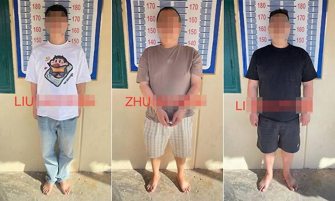 캄보디아에서 한국인 대학생 박모씨를 살인한 혐의로 구속기소된 중국인 3명. 이들은 8월 초 캄보디아의 한 농장에서 박씨를 고문해 숨지게 한 혐의를 받는다. 캄보디아 경찰청