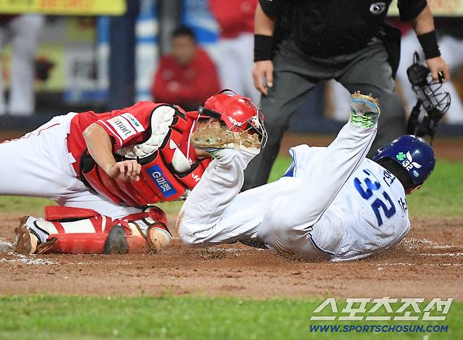 13일 대구 라이온즈파크에서 열린 SSG와 삼성의 준PO 3차전. 6회말 2사 2루 김지찬의 안타 때 2루주자 김헌곤이 홈에서 아웃되고 있다. 대구=정재근 기자 cjg@sportschosun.com/2025.10.13/