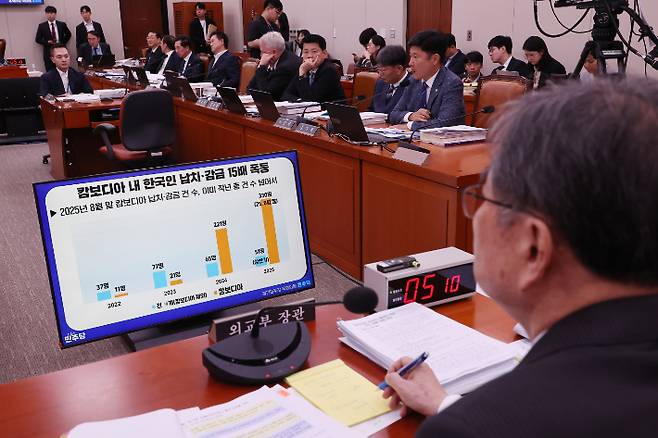 13일 서울 여의도 국회에서 열린 외교통일위원회 국정감사에서 캄보디아 내 한국인 범죄 피해와 관련한 질의가 오가고 있다. 연합뉴스