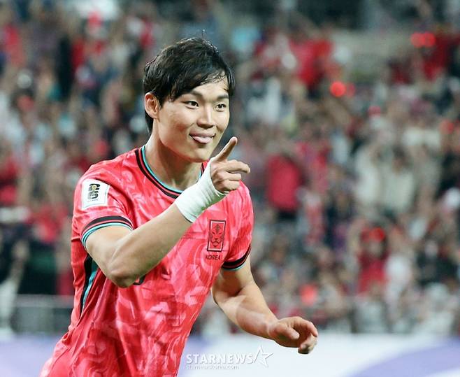 오현규가 지난 6월 10일 서울월드컵경기장에서 북중미월드컵 최종예선 마지막 경기인 쿠웨이트전에서 골을 넣은 뒤 기뻐하고 있다. /사진=강영조 선임기자