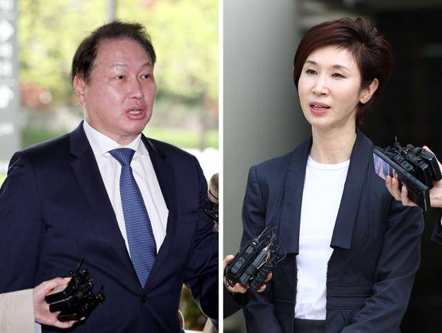 최태원(왼쪽 사진) SK그룹 회장과 노소영 아트센터 나비 관장이 지난해 4월 16일 서울 서초구 서울고법에서 열린 이혼 소송 항소심 공판에 출석하고 있다. 연합뉴스