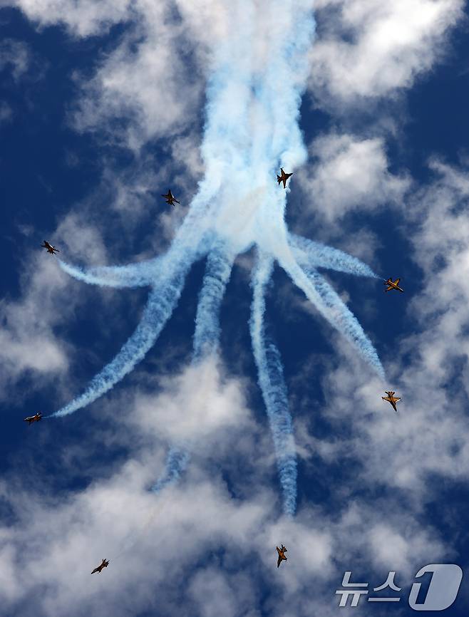 17일 경기 성남시 수정구 서울공항에서 열린 '서울 국제 항공우주 및 방위산업 전시회'(서울 ADEX 2025)'에서 공군 특수비행팀 블랙이글스가 화려한 에어쇼를 선보이고 있다. 2025.10.17/뉴스1 ⓒ News1 김영운 기자