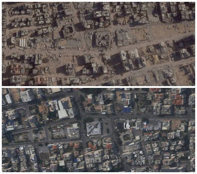 가자 전쟁이 발발한 다음 날인 2023년 10월 8일 가자시티 팔레스타인 입법 위원회 모습(아래 사진)과 이스라엘의 공격으로 파괴된 가자시티 팔레스타인 입법 위원회 주변의 2025년 9월 29일 모습. 미국 민간 위성 서비스 플래닛 랩스/로이터 연합뉴스