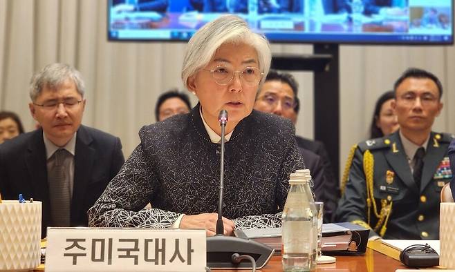 강경화 주미대사가 17일(현지시각) 미국 뉴욕 유엔대표부에서 열린 국회 외교통일위원회의 국정감사에서 발언하고 있다. 연합뉴스