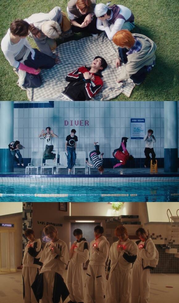 타이틀곡 'OVERDRIVE'는 중독성 있는 기타 테마 리프에 묵직한 드럼 톤과 통통 튀는 베이스 라인을 더해 청량하면서도 에너지 넘친다. 사진은 뮤직비디오 장면. /플레디스