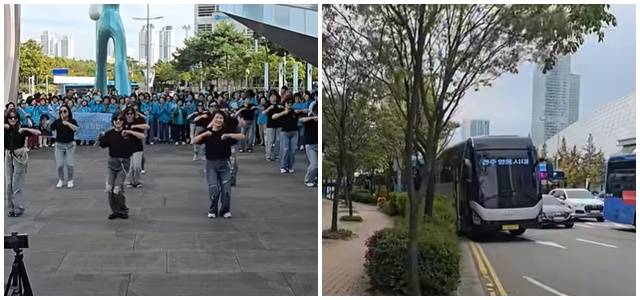 공연 3일차에서는 신나는 플래시몹이 펼쳐졌다(사진 왼쪽). 청바지와 검은색 티로 코디네이터한 17명의 춤꾼들이 시선을 사로잡으며 영웅시대 팬들의 탄성을 불러모았다. 45인승 전세 관광버스는 끝이 보이지 않을 만큼 송도컨벤시아 주변 도로를 가득 메웠다(사진 오른쪽). /강일홍클로즈업 캡처