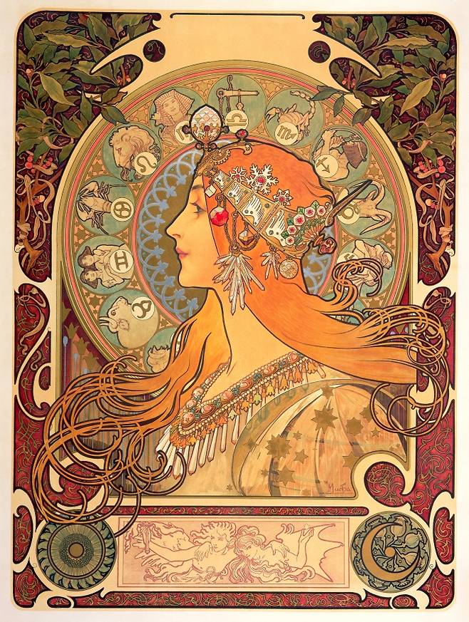 황도 12궁(Zodiac), 1896, 컬러 석판화, 65.7 x 48.2 cm ⓒ Mucha Trust 2025.