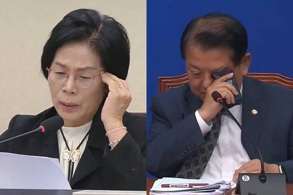 21일 최민희 과방위원장이 국회 국정감사에서 딸 결혼식 논란에 대해 해명하며 울먹이는 모습(왼쪽), 지난 20일 김병주 민주당 최고위원이 캄보디아 피해자 구출 '정치 쇼' 논란에 해명하다 흘린 눈물을 닦는 모습. / 사진=국회방송 유튜브, SBS 유튜브 캡처