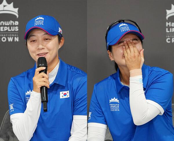 고진영, 유해란 프로와 함께 미국여자프로골프(LPGA) 투어 2025 한화 라이프플러스 인터내셔널 크라운에 출전한 김효주, 최혜진 프로가 조별리그 1라운드 경기 후 인터뷰하는 모습이다. 사진제공=LPGA (사진을 무단으로 사용하지 마십시오.)