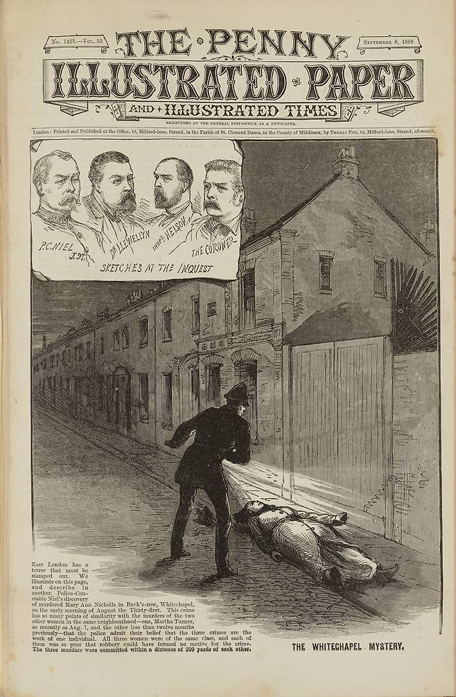 작자미상, 메리 앤 니콜스의 시신 발견 장면을 그린 삽화, 1888, The Penny Illustrated Paper