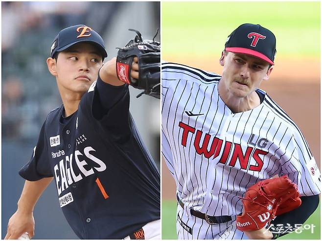 한화 문동주(왼쪽)와 LG 외국인 투수 앤더스 톨허스트가 26일 잠실구장에서 열릴 한국시리즈 1차전에서 선발 맞대결을 벌인다. 사진제공|LG 트윈스·한화 이글스