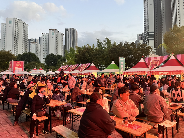 대구 북구 대구IM뱅크파크 일대에서 열린 제5회 대구 떡볶이 페스티벌에 참석한 시민들이 테이블에 앉아 축하공연을 즐기고 있다. 김정원 기자