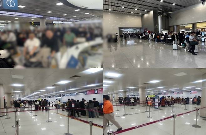 공항공사 측은 특정 항공사(왼쪽 위)의 수하물이 한꺼번에 과다 투입되면서 컨베이어벨트가 멈춘 것으로 추정했다. (한국공항공사 제주공항 제공)