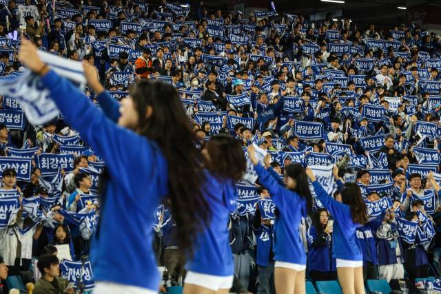 삼성 라이온즈 팬들이 프로야구 플레이오프 4차전 때 대구 삼성라이온즈파크에서 응원하는 모습. 삼성 제공
