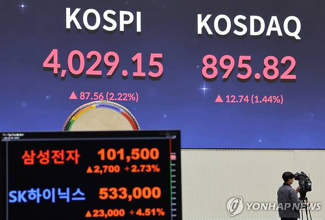 코스피 장중 '4,000', 삼성전자 '10만' 달성 (서울=연합뉴스) 이진욱 기자 = 27일 서울 영등포구 여의도 한국거래소 홍보관에 코스피와 삼성전자, SK하이닉스 지수가 표시돼 있다. 2025.10.27 cityboy@yna.co.kr