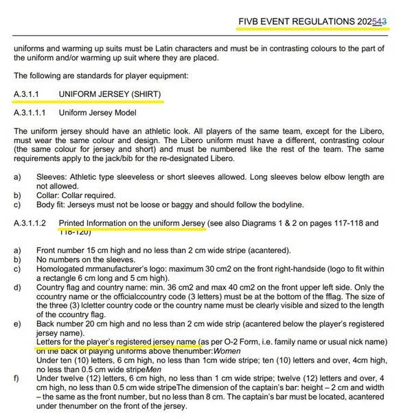 FIVB의 유니폼 관련 규정. ⓒFIVB