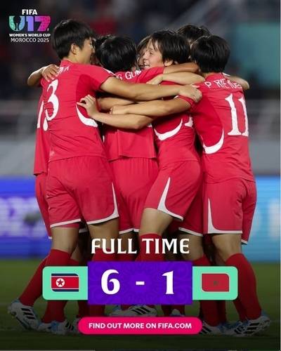 북한이 U-17 여자월드컵 16강전에서 모로코에 6-1 대승을 거두며 8강에 올랐다. FIFA 월드컵 SNS