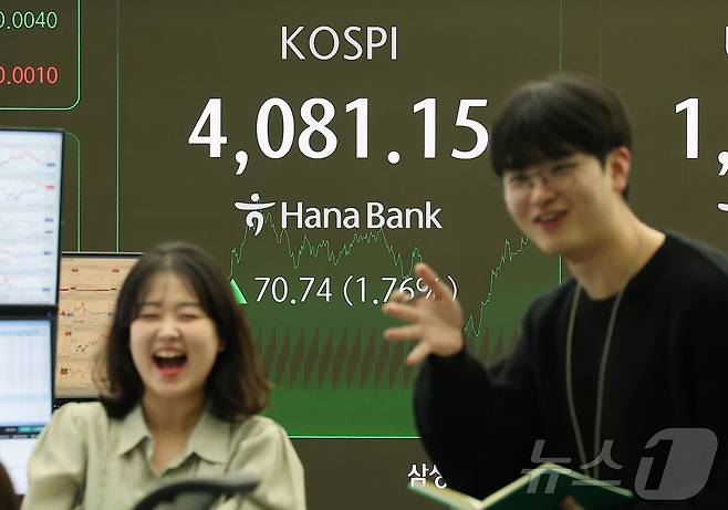 코스피 지수가 4080선을 돌파하며 종가 기준 최고치를 경신한 29일 오후 오후 서울 중구 하나은행 본점 딜링룸 전광판에 종가가 표시되고 있다. 이날 코스피는 전 거래일 대비 70.74포인트(1.76%) 상승한 4081.15로 장을 마쳤다. 2025.10.29/뉴스1 ⓒ News1 김진환 기자