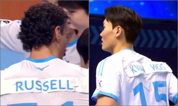 지난 23일 대한항공 러셀과 김관우의 유니폼 뒷 모습.(자료출처=sbs sports 방송 캡쳐)