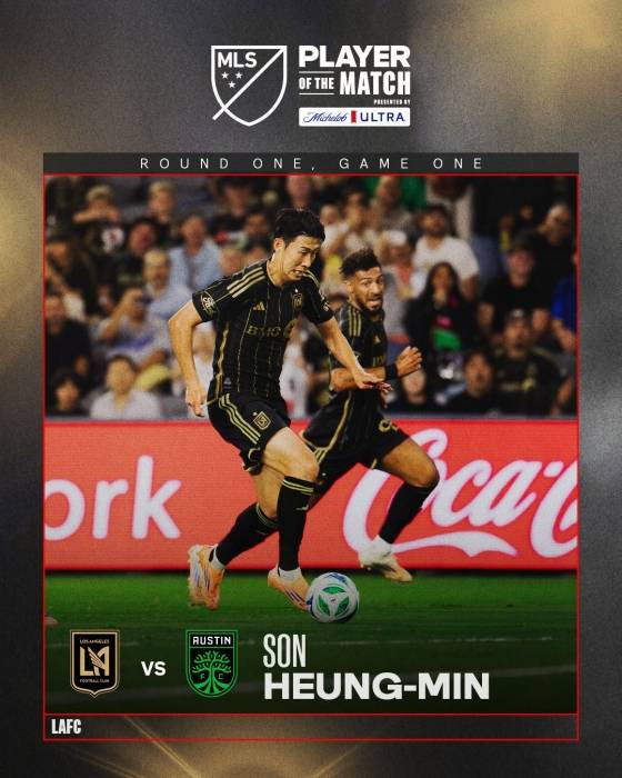 30일 오전 11시 30분(한국시간) 미국 캘리포니아주 로스앤젤레스의 BMO 스타디움에서 열린 2025 메이저리그사커(MLS)컵 플레이오프(PO) 1라운드 1차전 LAFC와 오스틴FC의 경기 최우수 선수(POTM)로 선정된 손흥민. /사진=미국 메이저리그사커(MLS) 공식 사회관계망서비스(SNS)