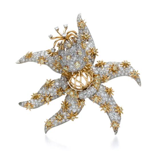 불가사리 위에 앉아 있는 말미잘을 표현한 쟌 슐럼버제의 작품 '플뢰르 드 메르 클립'. 사진 티파니