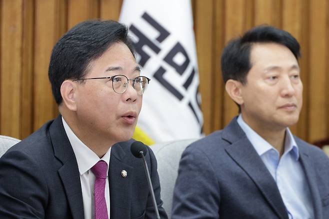 송언석 국민의힘 원내대표가 2일 서울 여의도 국회에서 열린 서울·인천·경기·강원 예산정책협의회에서 발언하고 있다. /뉴스1
