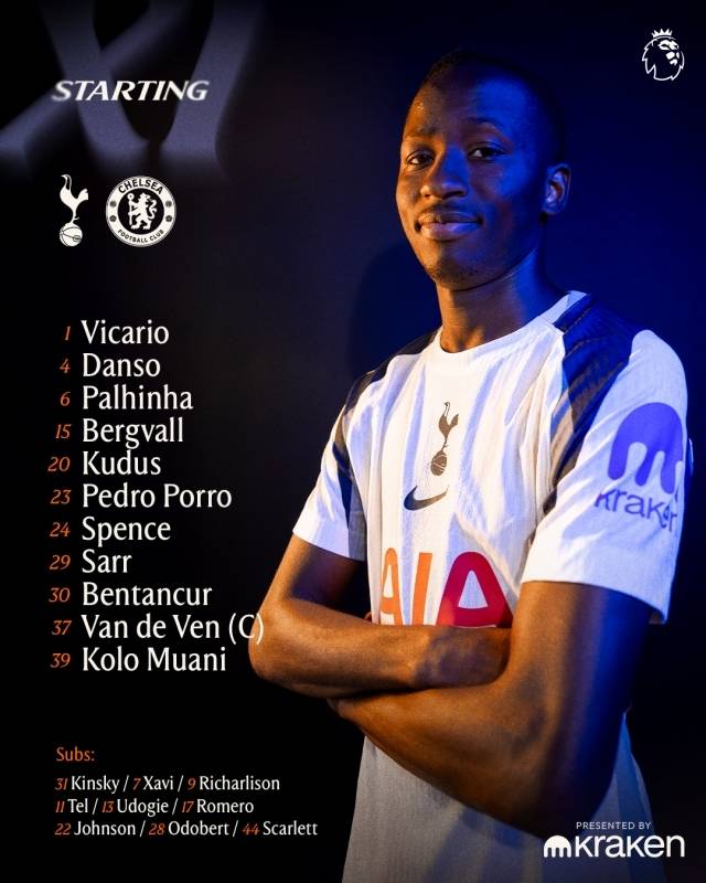 토트넘은 골키퍼 비카리오를 시작으로 스펜스-반더벤-단소-포로-벤탄쿠르-팔리냐-베리발-사르-쿠두스-콜로 무아니가 선발 출전했다. 사진=토트넘 홋스퍼 SNS