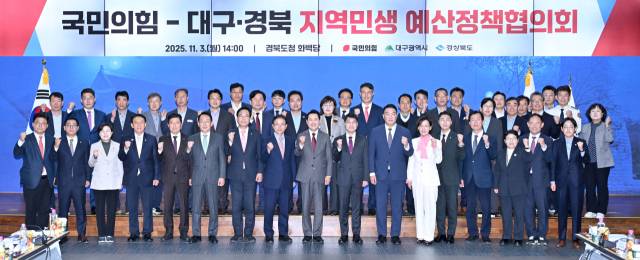 지난 3일 경북도청 회의실에서 열린 '국민의힘-대구경북 지역민생 예산정책협의회'에 앞서 참석자들이 기념촬영을 하고 있다. ⓒ경북도 제공