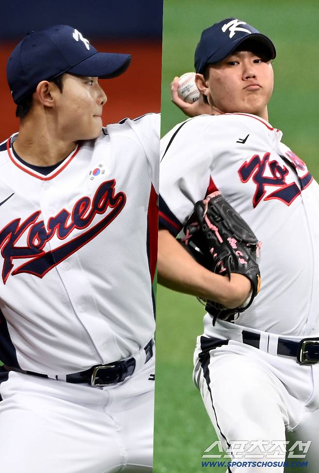 대표팀을 입고 뛰게 된 '25년 입단동기' 김영우와 배찬승이 함께 캐치볼에 나섰다. 고척=허상욱 기자
