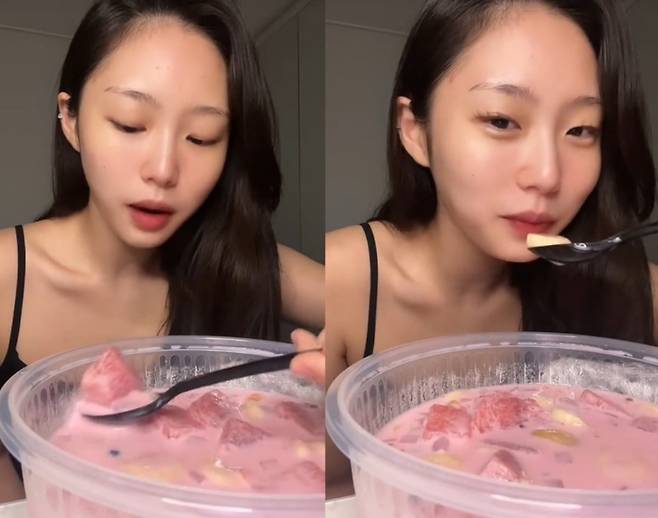 틱톡커 에이미가 '새벽3시 화채 먹방' 콘텐츠를 찍고 있다. 사진=에이미 틱톡 계정 갈무리