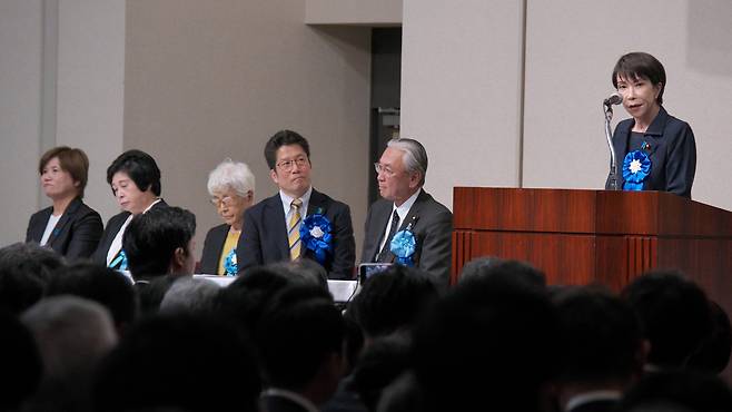 다카이치 사나에 일본 총리가 지난 3일 도쿄에서 열린 납북 피해자 관련 집회에서 발언하고 있다. UPI연합뉴스