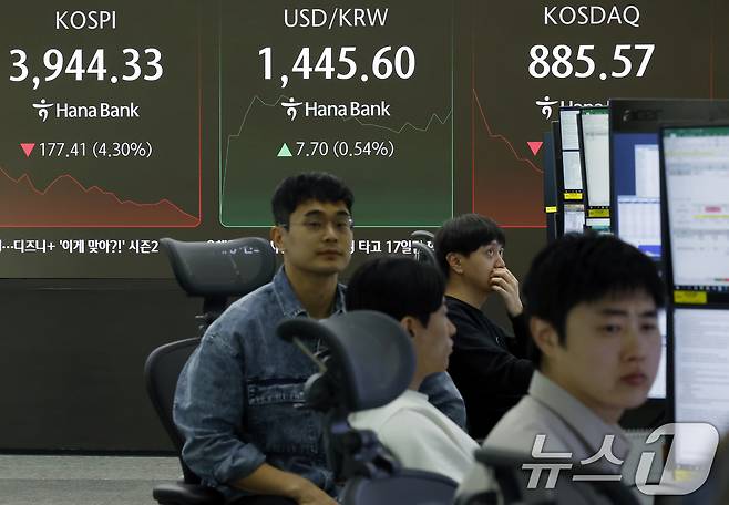 5일 오전 서울 중구 하나은행 딜링룸에 코스피 시황이 표시되고 있다. 이날 코스피는 66.27p 하락하며 출발해 장중 4000선이 붕괴됐다. 2025.11.5/뉴스1 ⓒ News1 박정호 기자