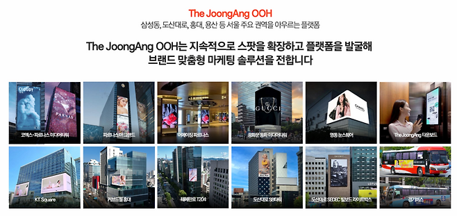 ‘2025 The JoongAng 타운보드 상품 소개서’에 담긴 중앙일보 옥외광고 매체 현황. 첫 줄 가장 오른쪽에 엘리베이터 광고매체인 타운보드가 포함돼 있다.