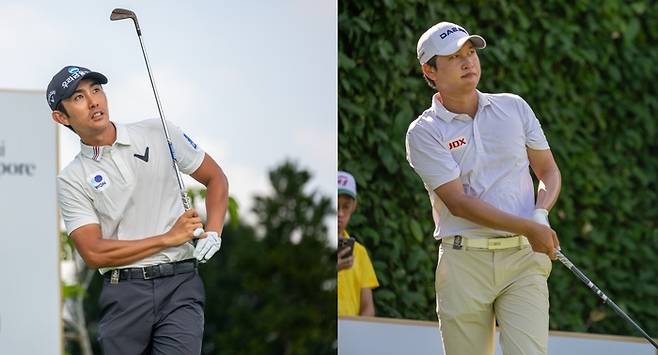 이수민(왼쪽)과 왕정훈이 8일 열린 아시안투어 마오타이 싱가포르 오픈 3라운드에서 나란히 티샷한 공을 바라보고 있다. 아시안투어