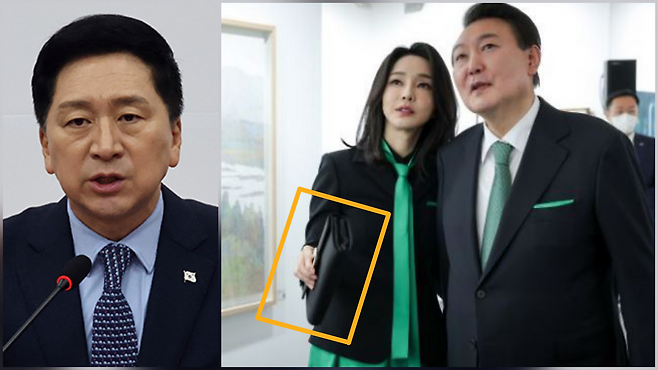 김건희 여사가 2023 문화예술인 신년인사회에서 '로저비비에' 클러치백을 들고 있는 모습. 특검팀이 김 여사 자택에서 김기현 의원 배우자의 '편지'와 함께 발견한 클러치백과 브랜드는 같으나, 장식 등이 다른 것으로 전해진다.