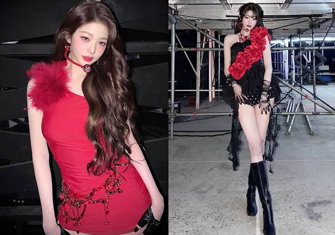 그룹 아이브 멤버 장원영이 레드 원피스와 블랙 원숄더를 입고 특유의 고혹적인 분위기를 연출했다. 해당 사진은 장원영이 월드투어 공연에서 찍은 모습. /사진=장원영 인스타그램 캡처