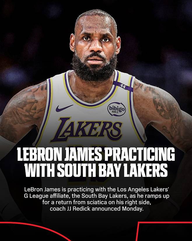 LAL 제임스가 최근 G리그 팀 훈련에 합류해 복귀 준비를 하는 거로 알려졌다. 그는 NBA 데뷔 후 23번째 시즌을 앞두고 있다. 사진=ESPN