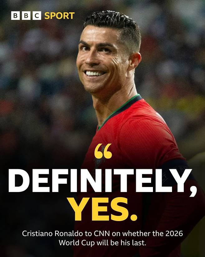 최근 CNN과의 인터뷰 중 2026 월드컵이 마지막 대회가 될 것이라 발언한 호날두. 사진=BBC