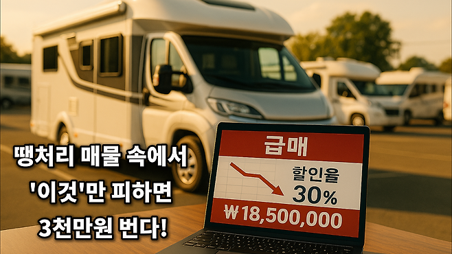 국내 중고 캠핑카 매매단지에서 노트북 화면에 급매 할인율 30퍼센트 할인 가격차트가 보이는 장면 뒤로 깨끗한 모터홈들이 줄지어 선 따뜻한 오후