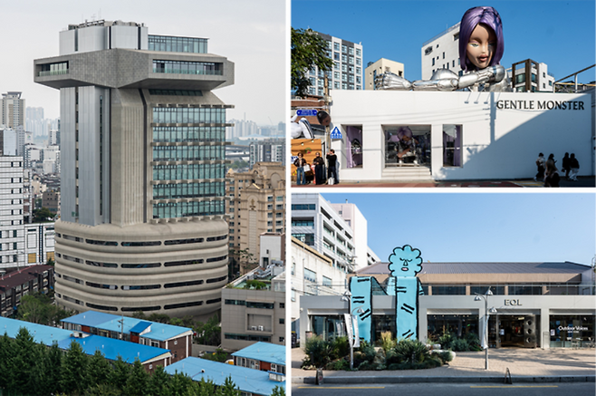 성수에는 독특한 외관으로 시선을 사로 잡는 건물도 많다. 사진 왼쪽부터 아이아이컴바인드 신사옥 ‘하우스노웨어 성수’, 젠틀몬스터 포켓팝업 성수점, EQL 성수점. (윤관식 기자)