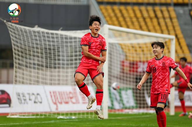 U-22 축구 대표팀 정승배가 선제골을 기록한 뒤 포효하고 있다. /사진=판다컵 대회조직위원회 제공