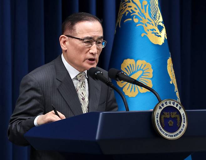 위성락 국가안보실장이 지난 14일 용산 대통령실 기자회견장에서 이재명 대통령의 한·미 관세·안보 협상 조인트 팩트시트(공동설명자료) 최종 합의 발표 후 질문에 답하고 있다. 대통령실사진기자단